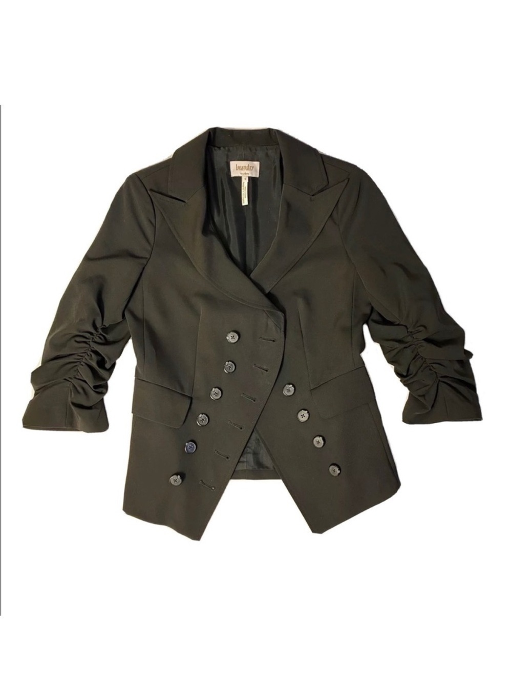 Laundry by Shelli Segal Asymmetrical Blazer Black Ruched Sleeve Military Jacket